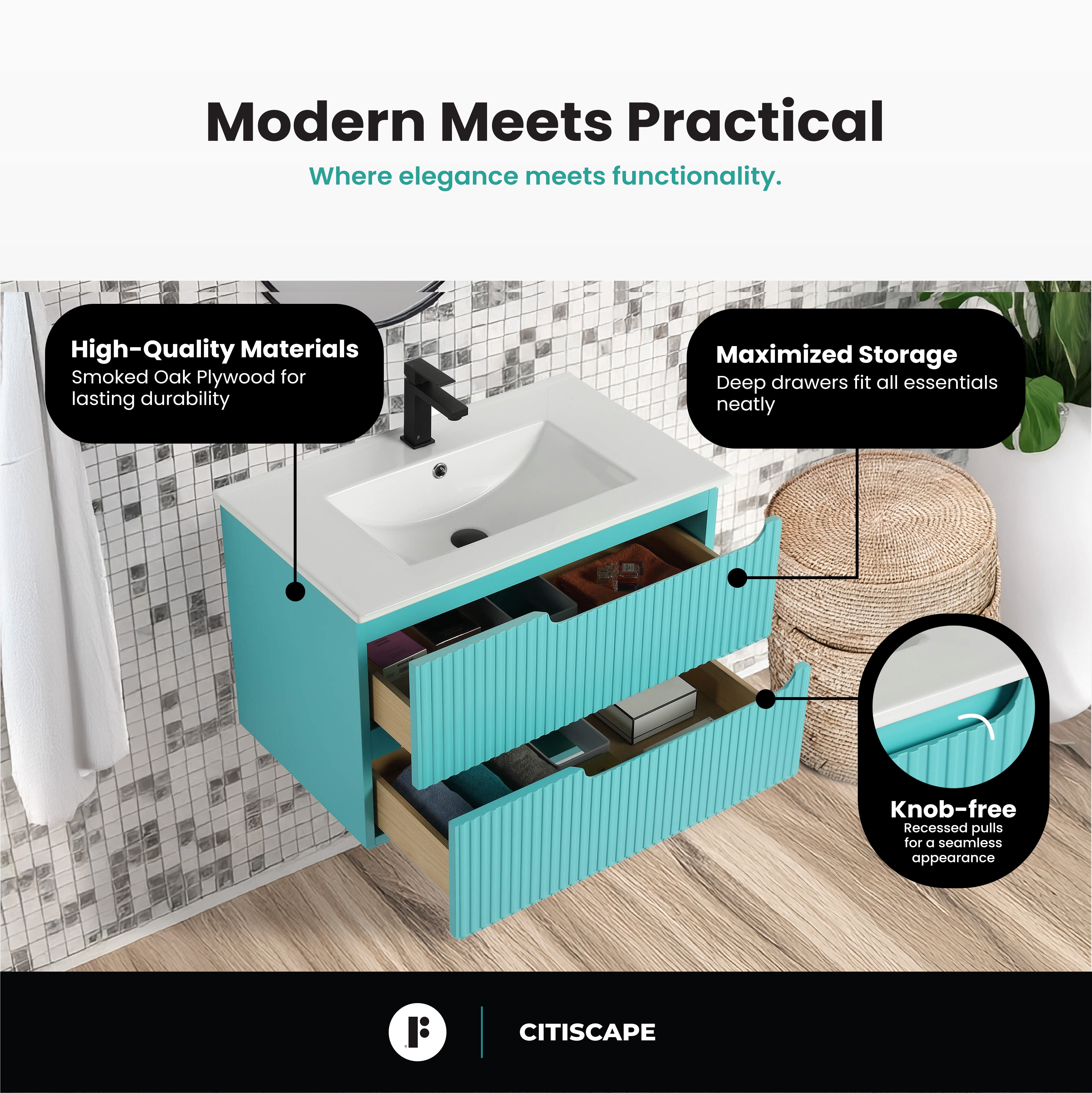 Citiscape Modern Bathroom Vanity with Textured Drawer Fronts 30" Wide - Tiffany Blue - Sink Included