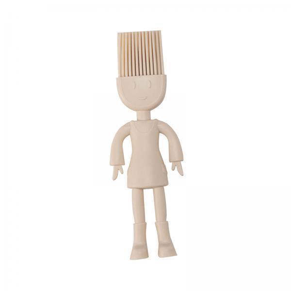 utensilio de cocina,juego de utensilios de cocina,batidor,cepillo,herramientas de cocina,utensilios de cocina de silicona antiadherentes y resistentes al calor,pincel de repostería batidor Cepillo de silicona beige en forma de muñeca, vista frontal centrada. Cuerpo con brazos y piernas esculpidos y botas, cabeza con cerdas planas; silicona lisa resistente al calor según especificación, longitud del pincel 15 cm; apto para repostería y uso doméstico y a menudo usado para enseñar a niños a pincelar masas.
