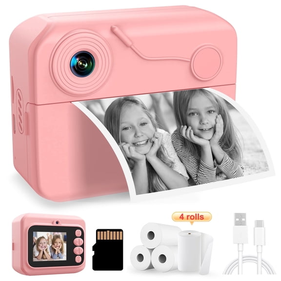 Kids Camera Instant Print, 2.4in HD Digital Camera Printer for Girls Boys Birthday Gift, Photo Video Selfie Dual Camera with 4 Printing Papers TF Card
