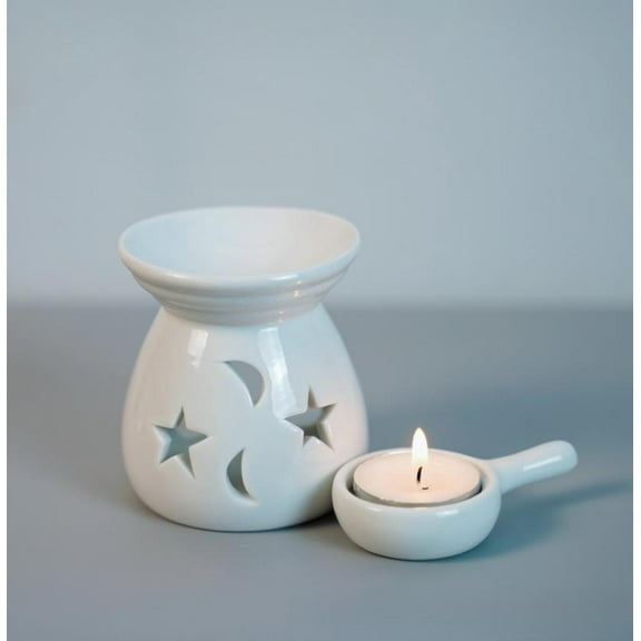 Warmself Ceramic Essential Oil Burner Tealight Candle Holder Decorative Aroma Diffuser White Stars and Moon
