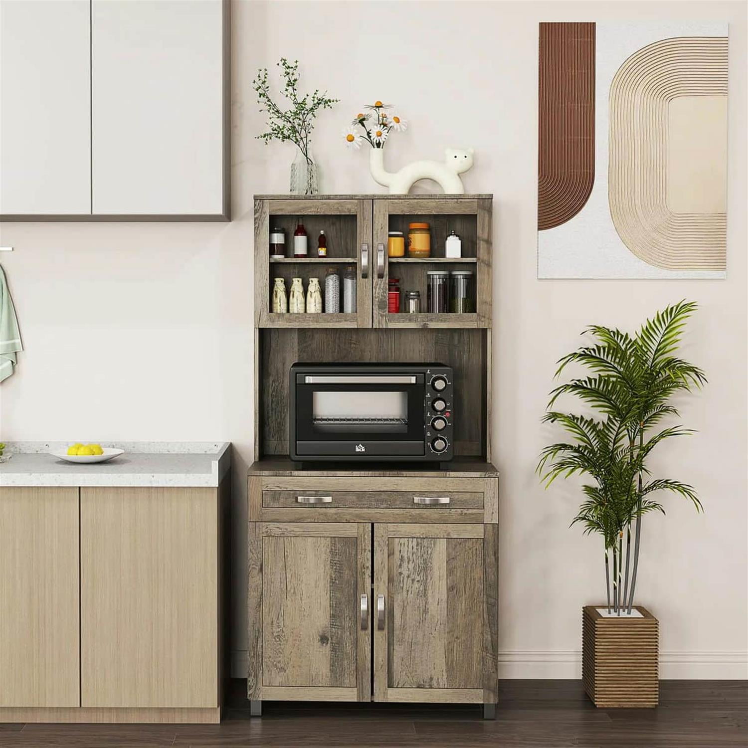 Demi Bonn 67" Buffet Hutch, Modern Kitchen Storage Cabinet, Freestanding Glass Door Pantry, Shelves & Drawers for Home Decor, Gray