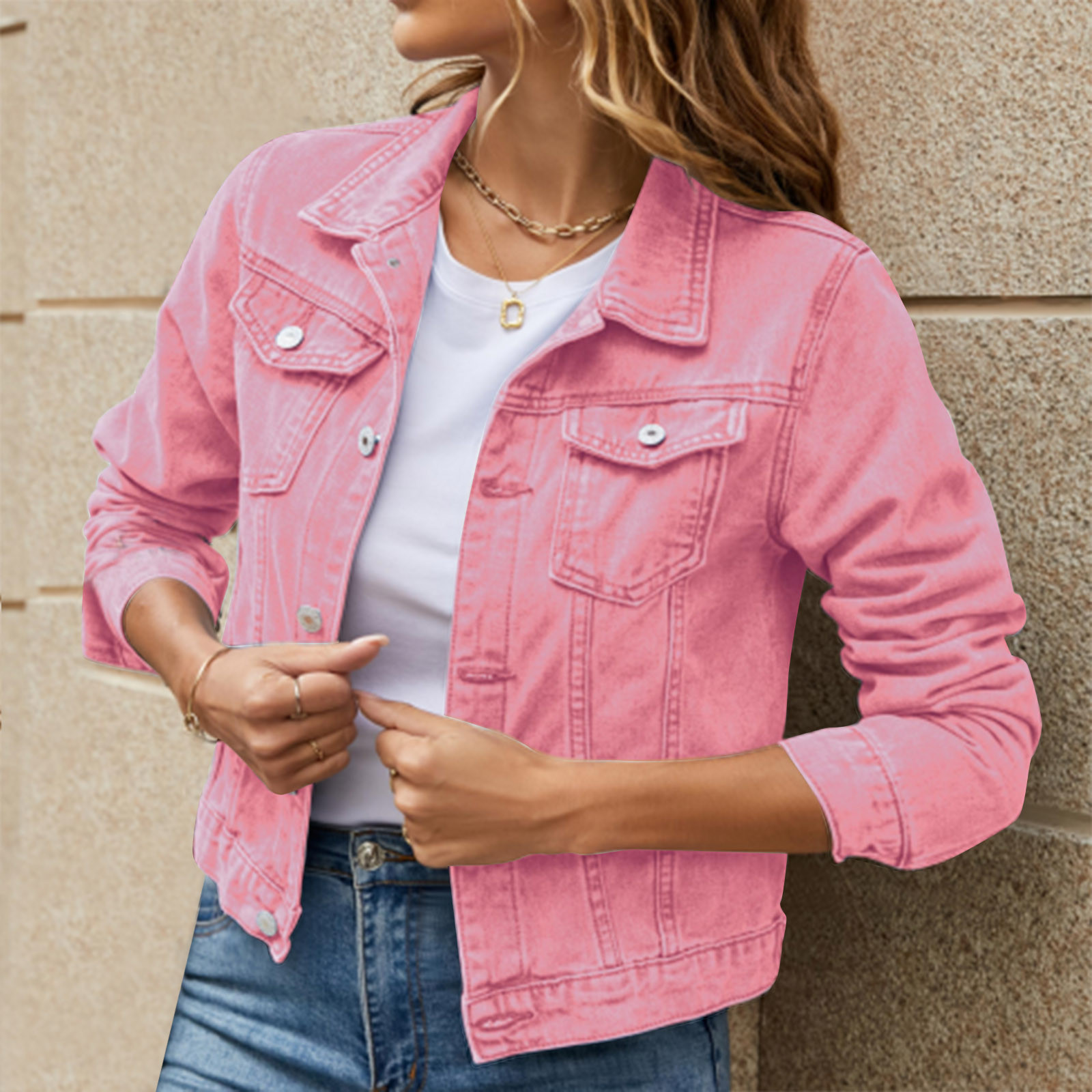 iOPQO womens sweaters Women's Basic Solid Color Button Down Denim Cotton Jacket With Pockets Denim Jacket Coat Women's Denim Jackets Pink S - image 2 of 9