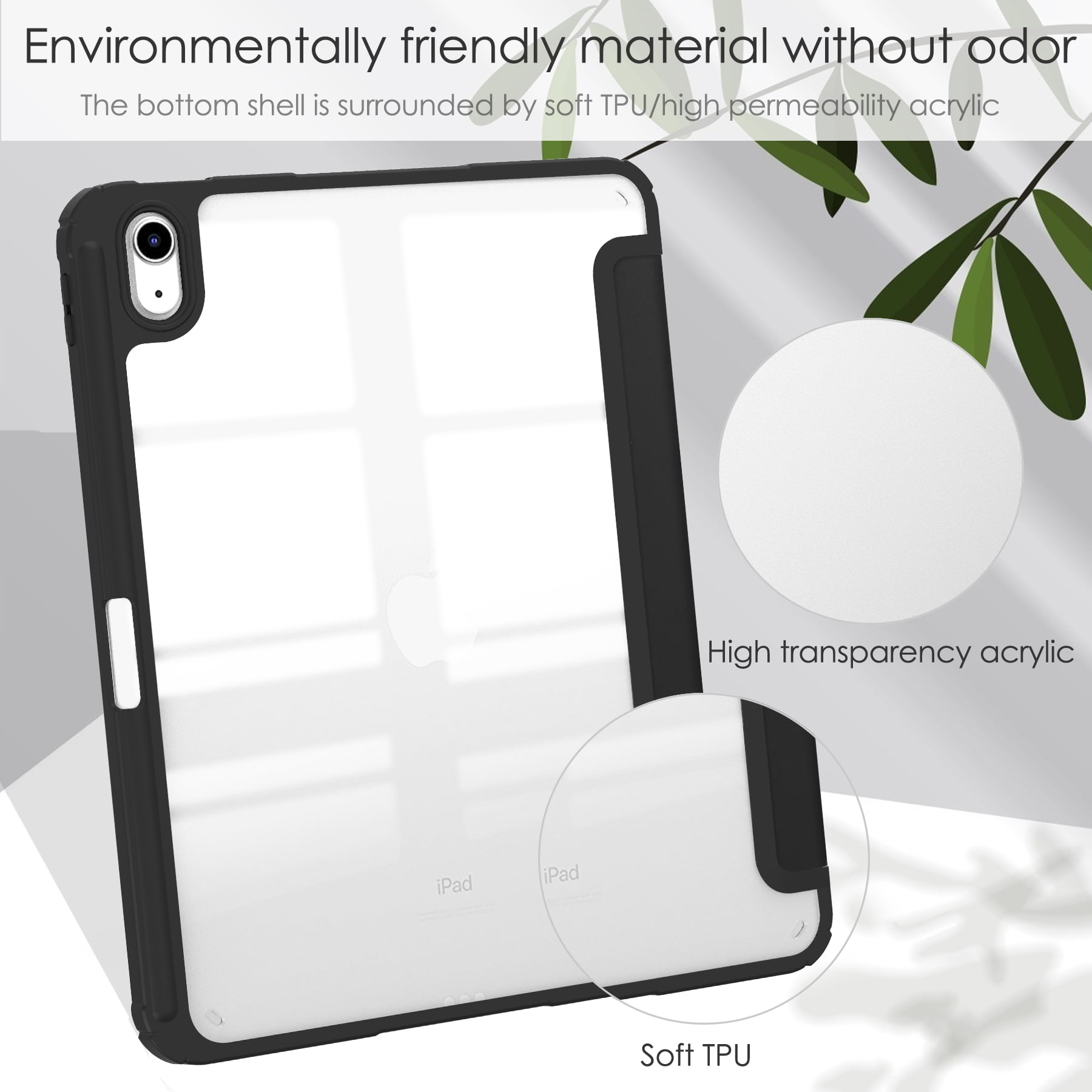 Allytech iPad 10th Generation Case with Pencil Holder, Transparent Clear Back Shell Trifold Stand Auto Sleep Wake Shockproof Drop Protective Case Cover for Apple iPad 10th Gen 2022-Black
