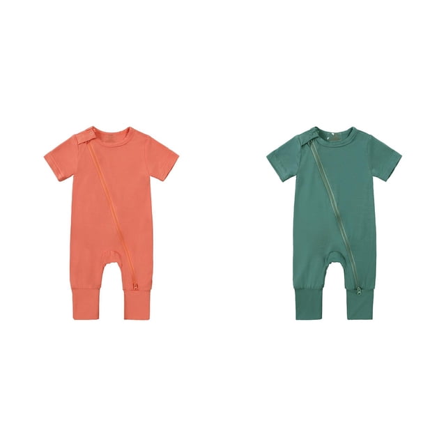 2 Pack(Orange 1PCS & Green 1PCS) Multipack inc Rompers Footless Pajamas 3 Month Boy Button Up Zipper Short Sleeve Sleeper Jumpsuit