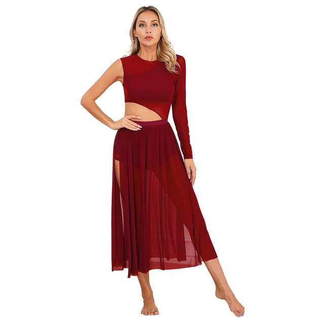 YiZYiF Costumes de Danse Lyrique pour Femmes Épaule Unique Robe de Danse Moderne Contemporaine pour Performance Bourgogne L