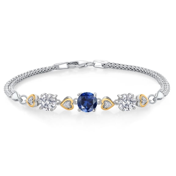 925 Silver and 10K Yellow Gold Blue Created Sapphire and Lab Grown Diamond Bracelet for Women | 3.16 Cttw | Gemstone September Birthstone | Round 7MM & 6MM | Size 6.5 inch | Made in Italy