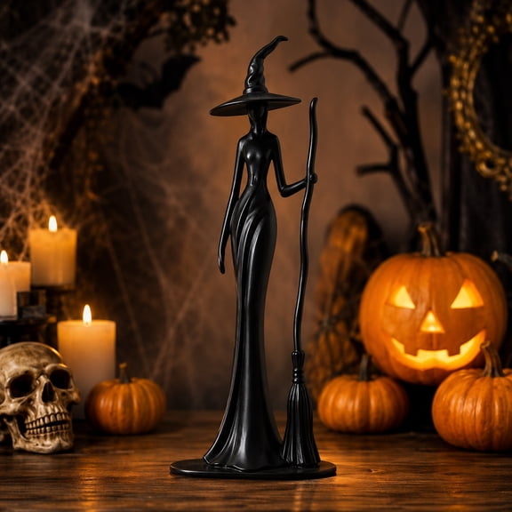 BingTong Black Silhouette Witch Figurine With Broom,Faceless Long Gown Witch Sculpture,Minimalist Witch Statue,Gothic Spooky Tabletop Decor For Halloween Home Mantel Ornament Black A