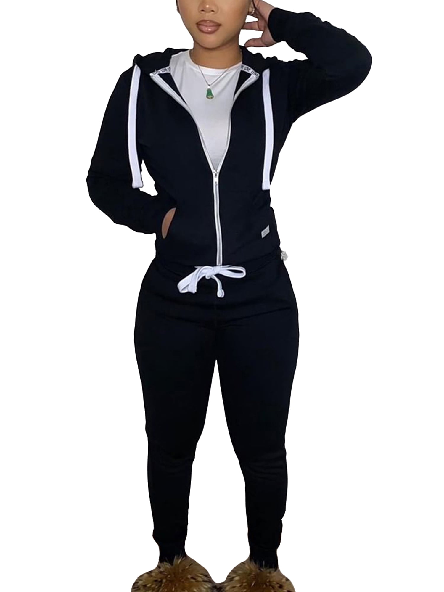 Womens Casual 2 Piece Outfits Solid Long Sleeve Zip-up Hoodie & Skinny Pants Tracksuits Bodycon Jumpsuits Sweatsuit 