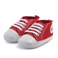 thumbnail image 2 of Quealent Unisex Baby Boys Girls High Top Sneaker Soft Anti-Slip Sole Newborn Infant First Walkers Canvas Denim Shoes Red for Size 5.5, 2 of 9