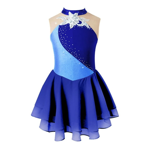 Jizyo Girls Sequins Ballet Figure Ice Skating Dress Kids Sleeveless Floral Printed Tutu Skirted Navy Blue 10