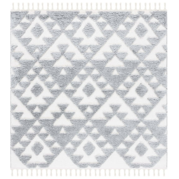 SAFAVIEH Moroccan Tassel Larry Geometric Shag Area Rug, Gray/Ivory, 6'7" x 6'7" Square