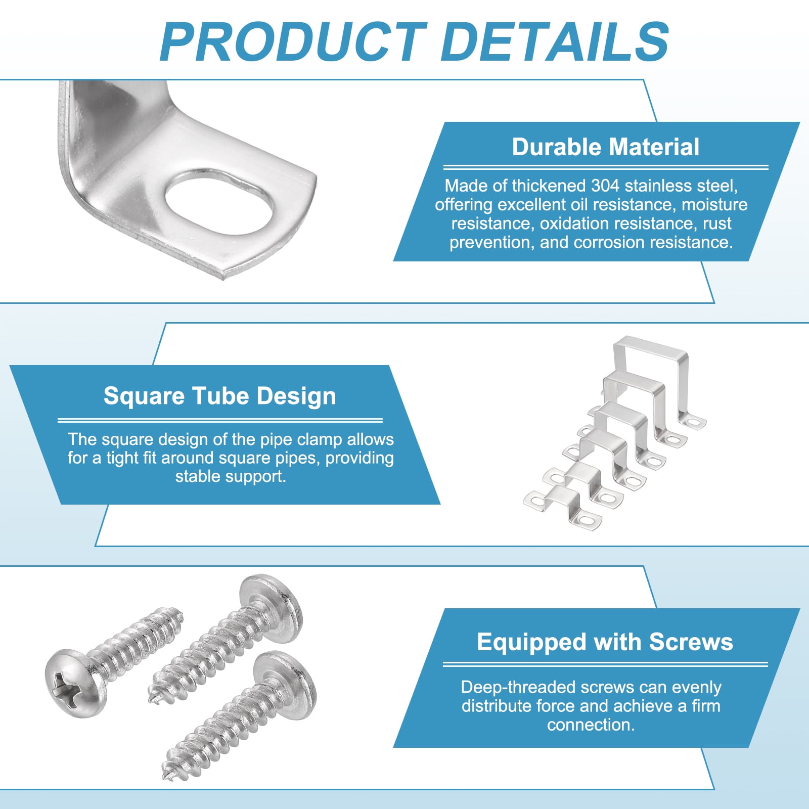 Uxcell 10pcs 1.2" x 1.2" Square Pipe Clamp, 304 Stainless Steel U Shaped Connector Bracket Heavy Duty Tube Strap Buckle with Self-Tapping Screws for Tube Installation