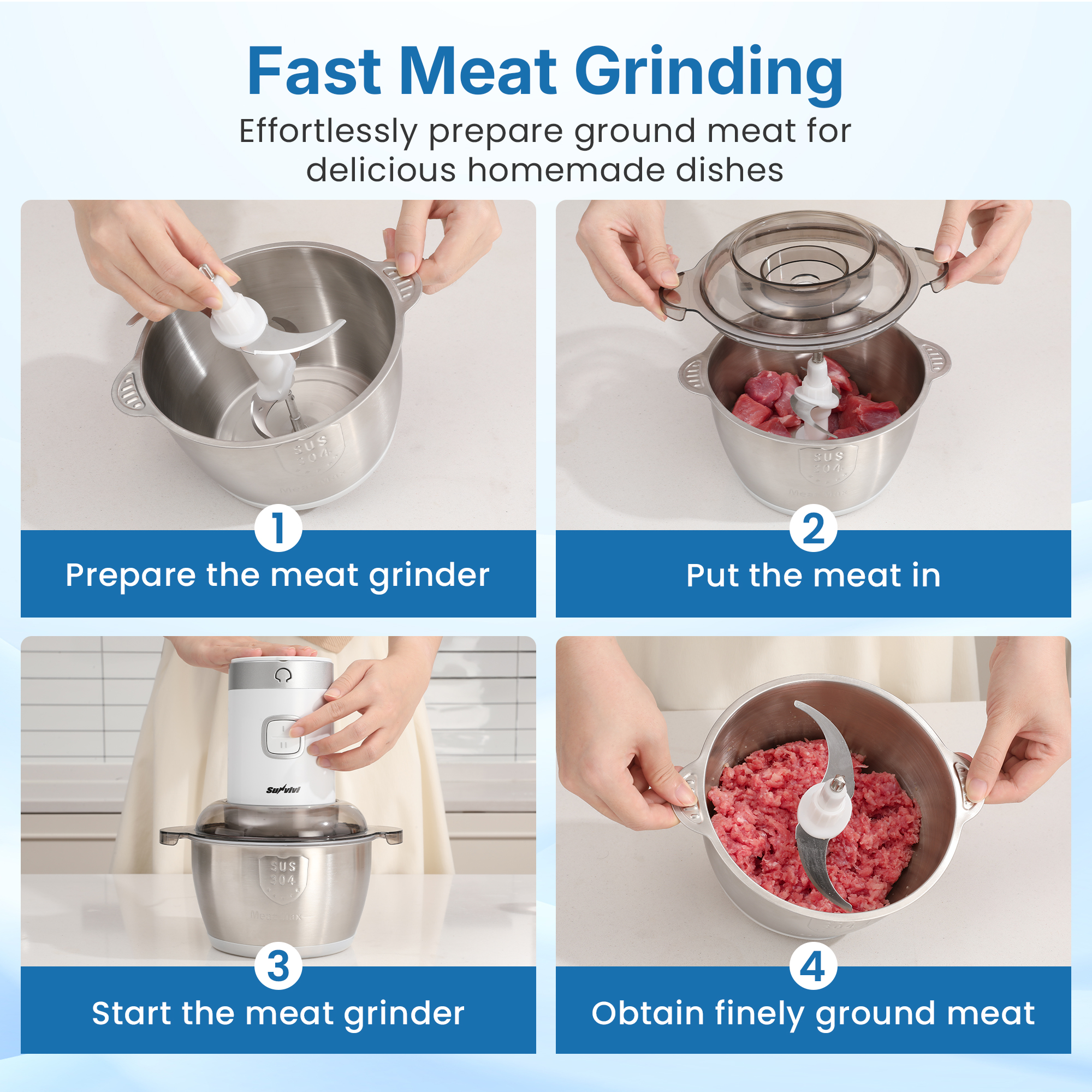 May in Color Portable Electric Food Processor, 350W 4-in-1 Blender with Stainless Steel Bowl, 2 Speed Control, Grinder & Juicer