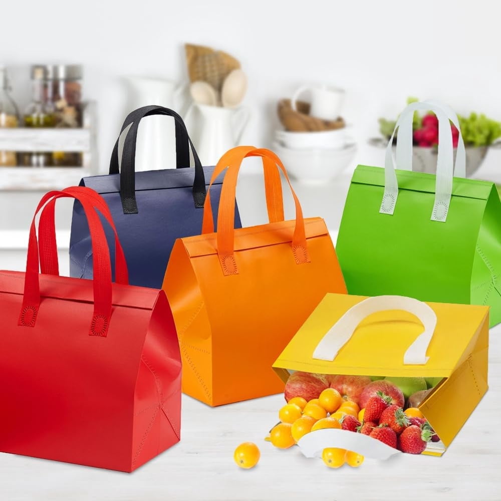 Triani 12Pcs Insulated Take Away Bags Medium 9.5 x 6 x 9.5 Inch Disposable Cooler Bag Thermal Lunch Grocery Take Out Bags for Food Delivery Lunch Hot Cold Frozen Shipping(6 Color)