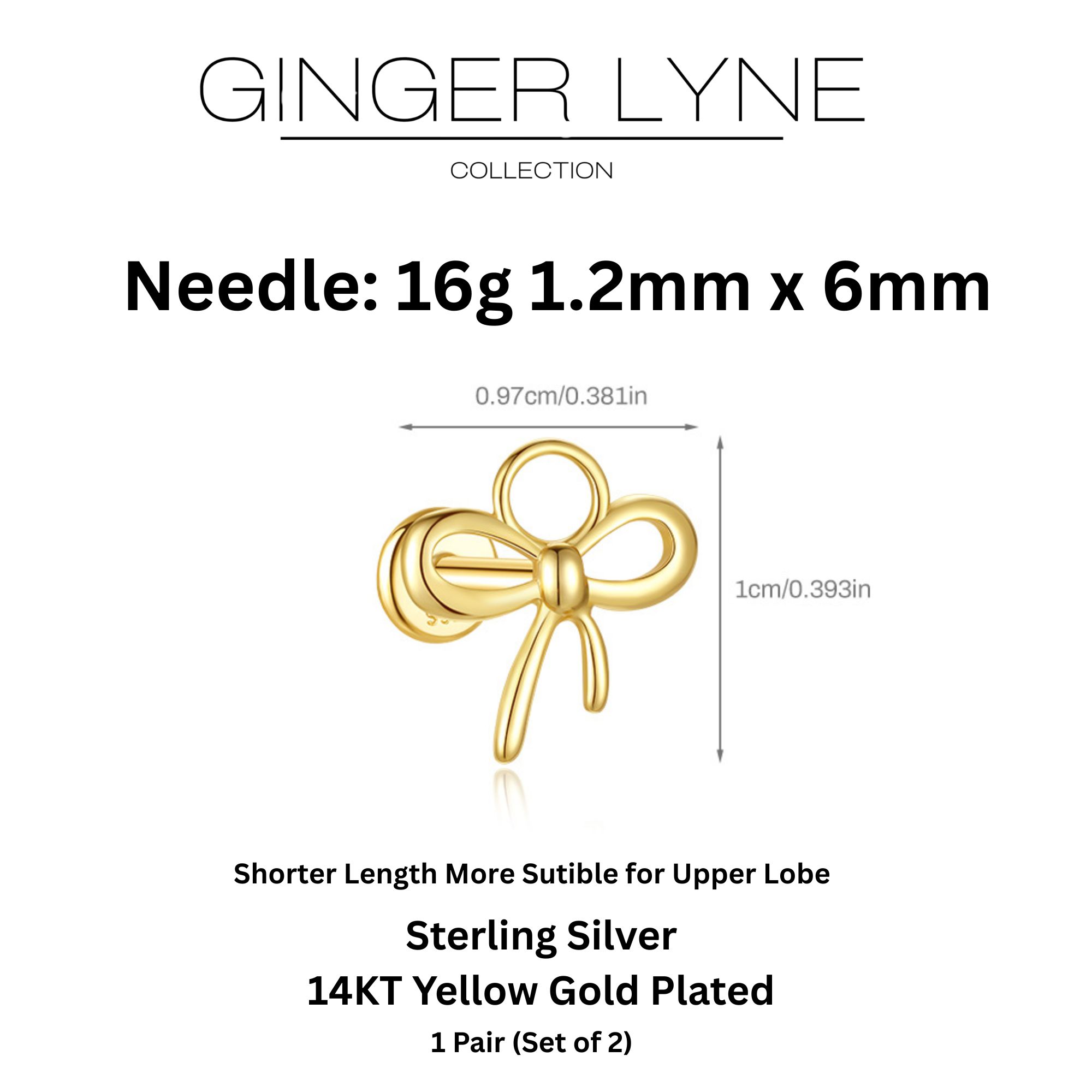 Bow Knot Flat Back Earrings for Cartilage Helix Tragus Lobe 14 kt Gold Plated Sterling Silver Pair by Ginger Lyne