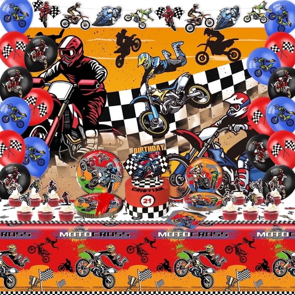 Dirt Bike Party Decorations,Dirt Bike Birthday Decorations,Motorcycle Birthday Decorations,Set Included Banner Backdrop Tablecloth Balloon Cake Toppers Cupcake Toppers 7 "Plate 9"