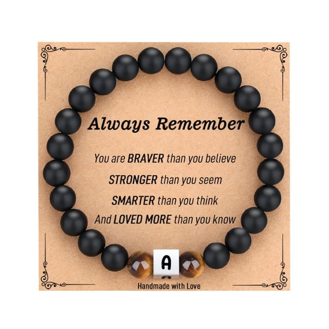 Ojo de Tigre Piedra de acero inoxidable de cuentas cuadradas nombre inicial pulsera Negro Letra pulsera para hombres y mujeres