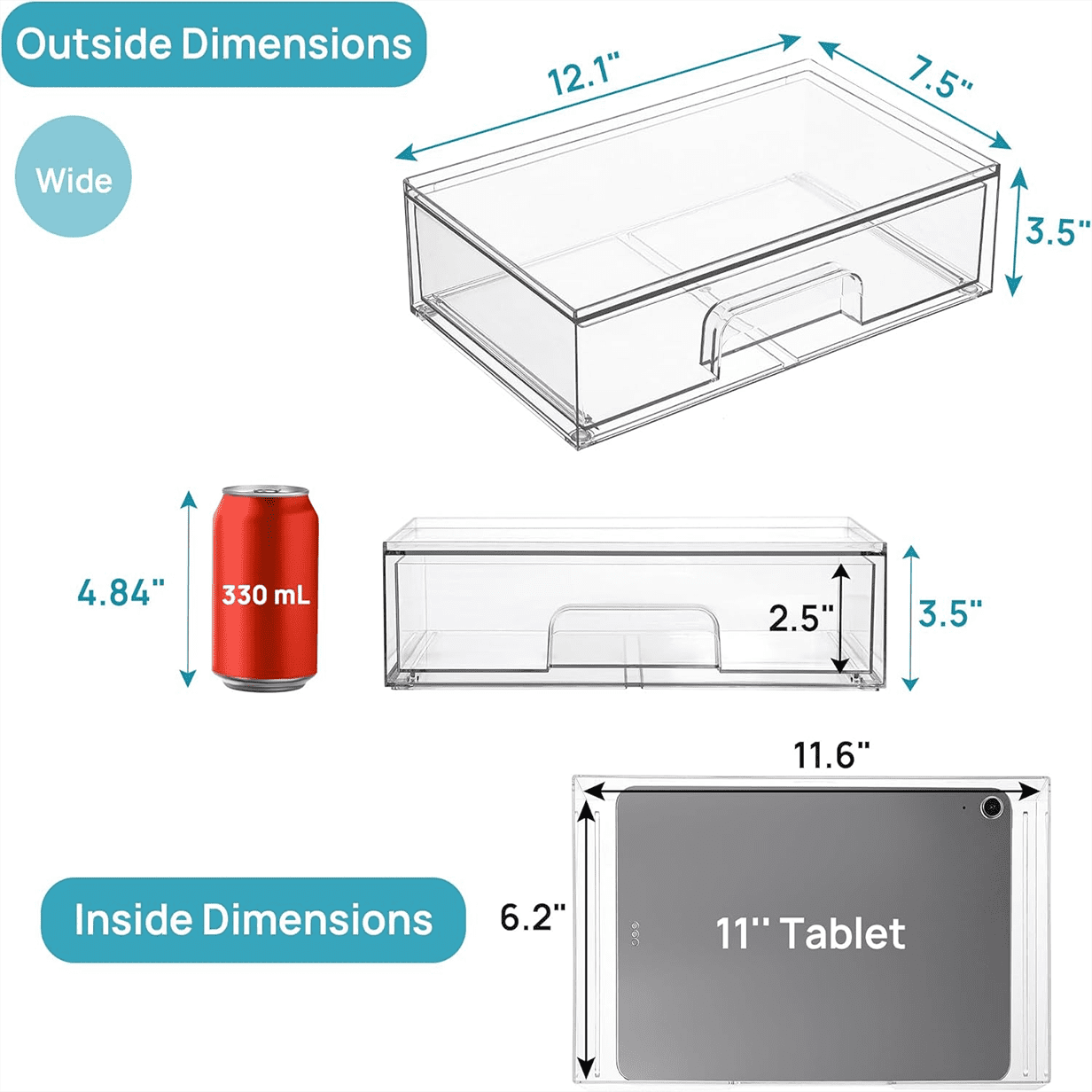 Clear Stackable Drawer Organizer, 2-Pack - Plastic Storage Drawers For Desk, Countertop, Dresser, Kitchen, Pantry, Bathroom, Office