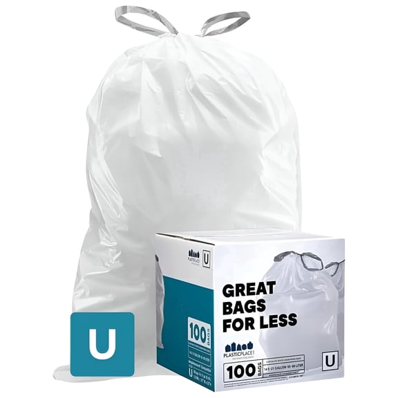 Plasticplace Drawstring Trash Bags, Compatible with simplehuman Code U (100 Count) White Drawstring Garbage Liners 14.5-21 Gallon/ 55-80 Liter 26.5" x 32"
