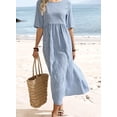 thumbnail image 4 of Vestido midi BEYINCUTE a rayas azules con mangas 3/4 y bolsillos para mujer, 4 of 7