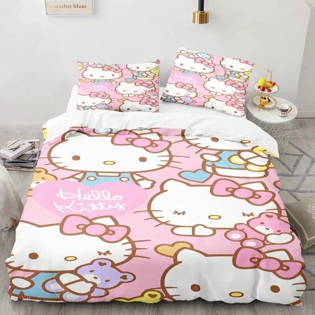 Sanrio Duvet Cover Set Hello Kitty Bedding Set Cartoon Anime Hello Kitty Quilt Cover Pillowcase Bed Set Twin Full Queen