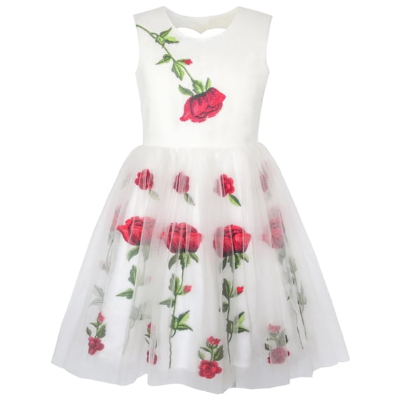 Girls Dress White Rose Flower Embroidery Heart Shape Back Wedding 7