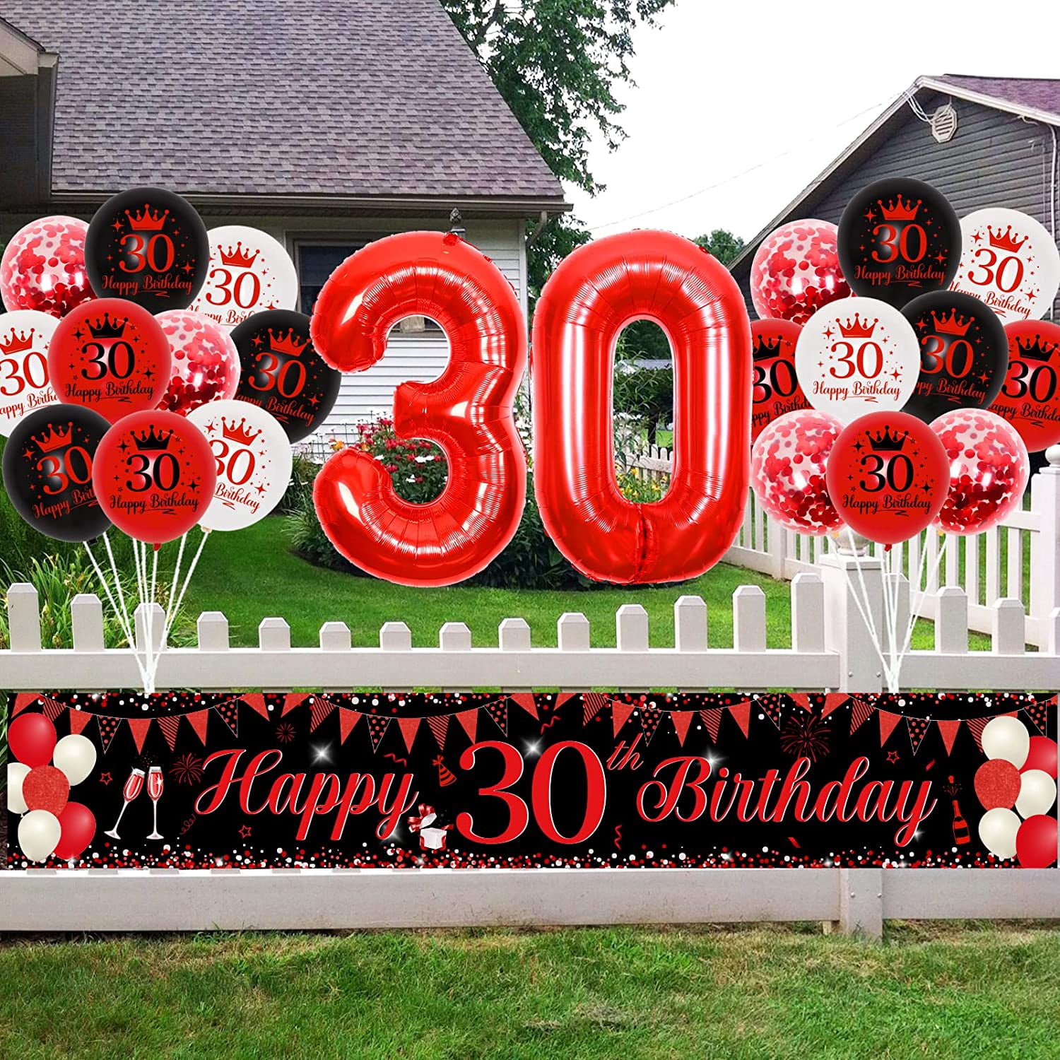 30th Birthday Decorations Red and Black for Men Women, 30 Birthday Party Supplies with Happy 30th Birthday Yard Banner 9.8 x 1.6ft Confetti Foil Balloons Triangle Flag for 30th Birthday Party Decor