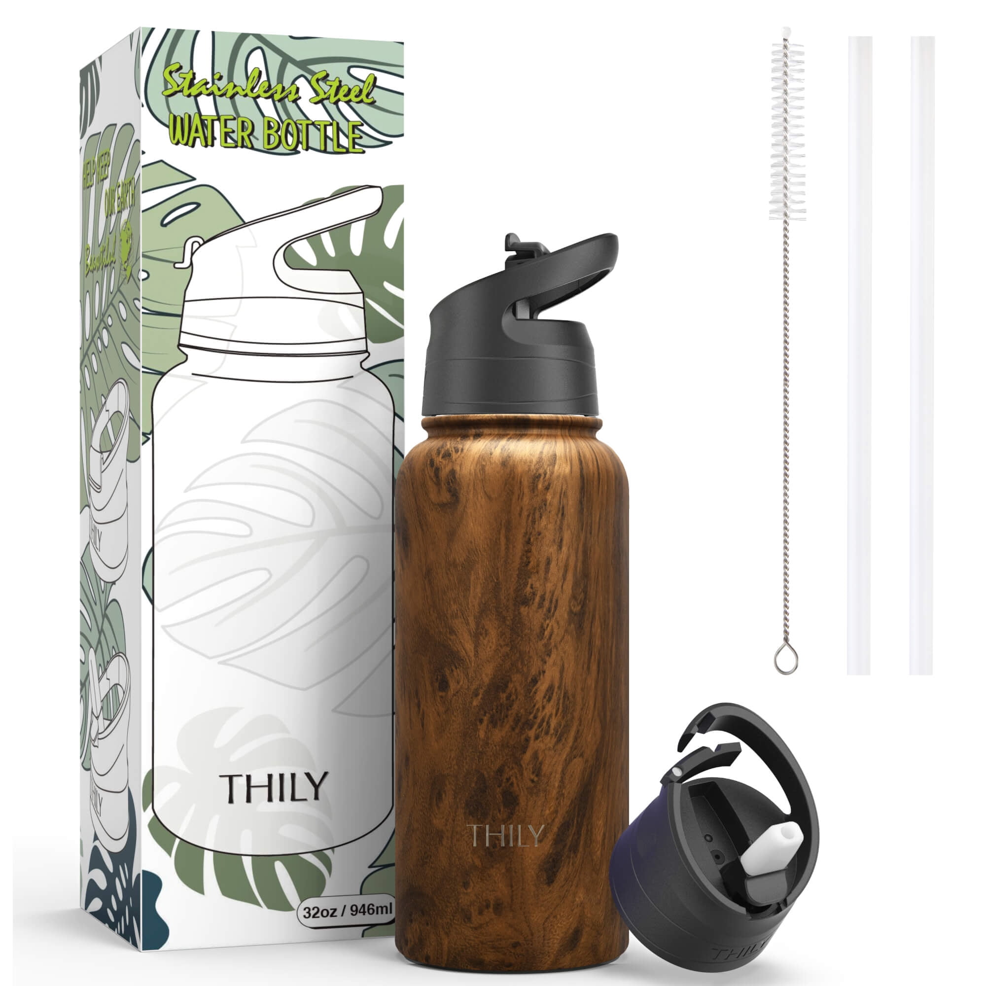 Vacuum Insulated Sports Water Bottle - THILY 32 oz Stainless Steel Leakproof Wide Water Flask with Flip & Straw Lid, Reusable, BPA Free, for Gym, Travel, Hiking, Original Woodgrain