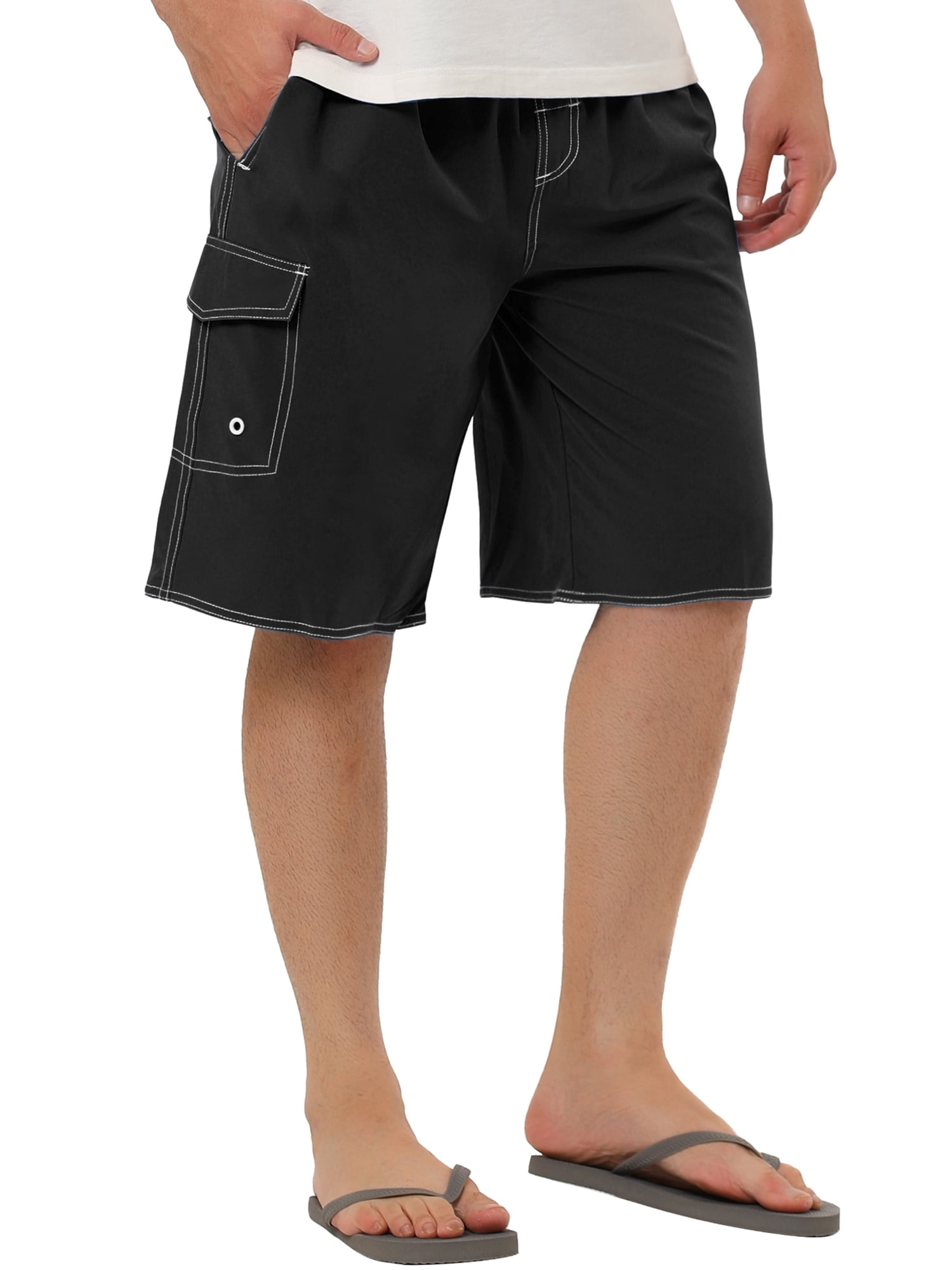 Unique Bargains Men's Casual Holiday Solid Color Elastic Waistband Beach Board Shorts 28 Black