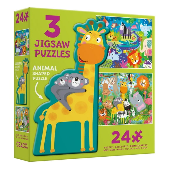 Ceaco - Kids 3 in 1 Puzzles - Jungle Animals - Three 24 Piece Interlocking Jigsaw Puzzles