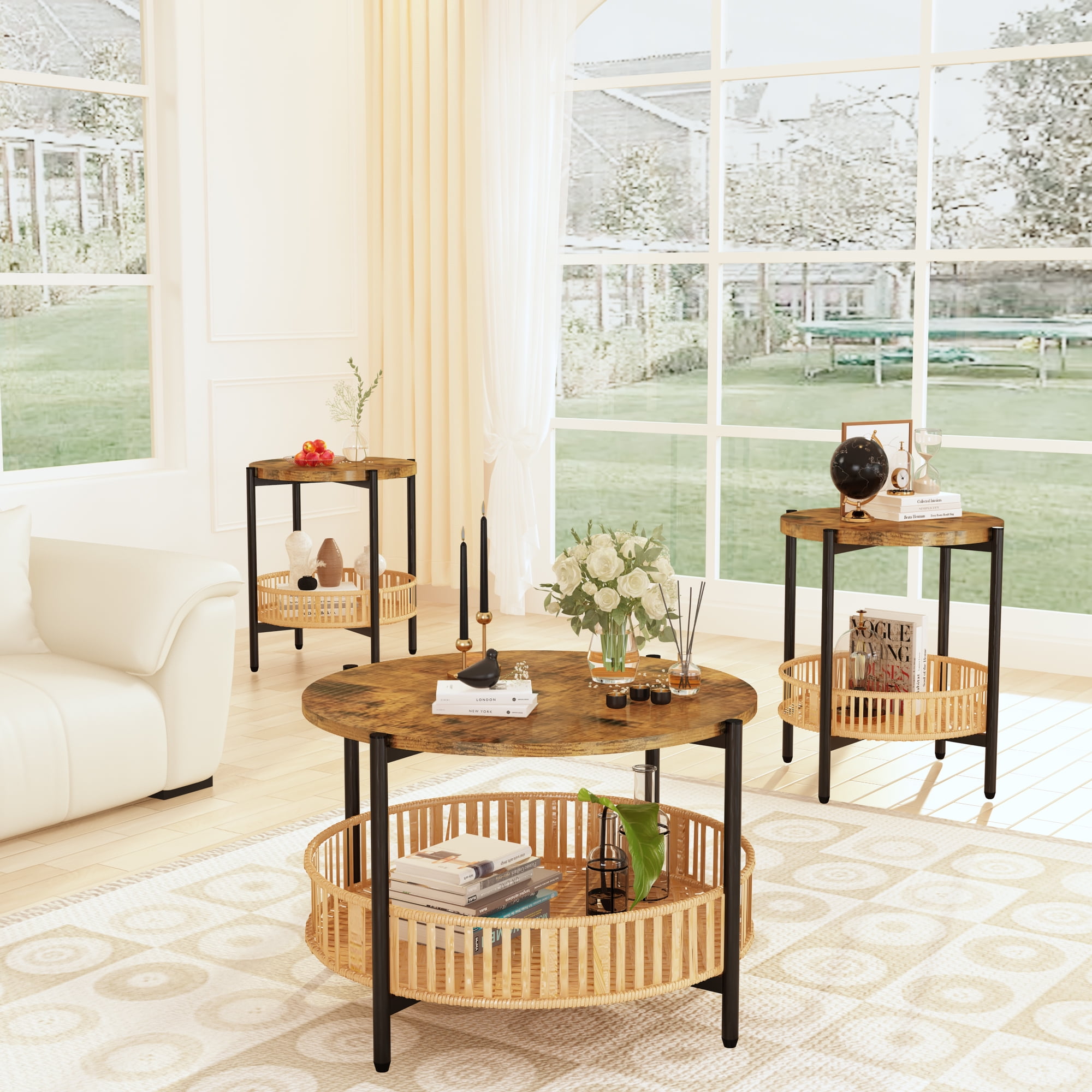 AWQM 3-Piece Round Coffee Table Set with Rattan Storage, Rustic Brown Wood & Woven Side Tables, Space-Saving Living Room Furniture with Natural Boho Style