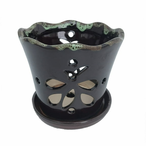Butterfly Ceramic Orchid Pot/Saucer 5" x 5" - Dark Brown Moss - #50248