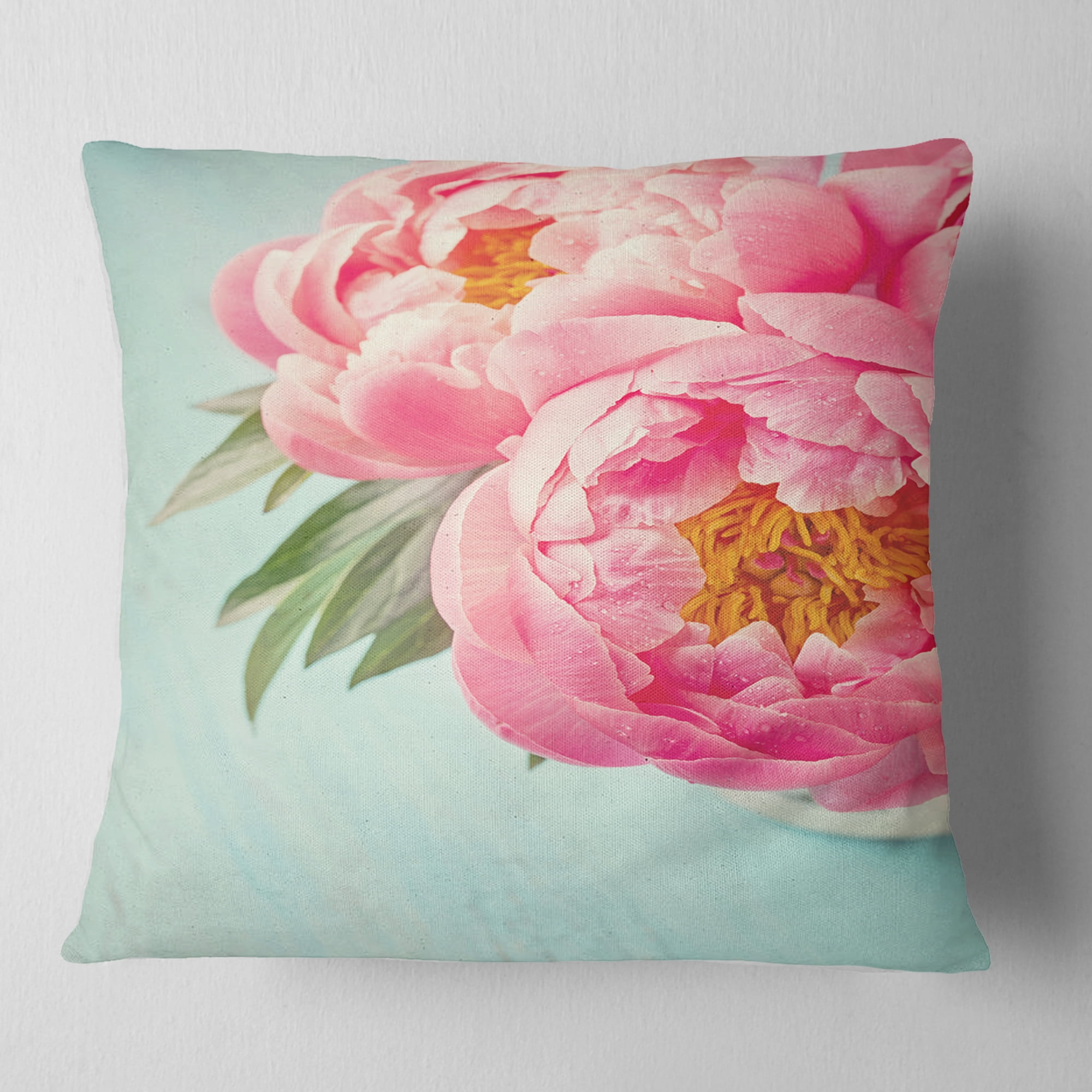 Designart Peony Flowers on Blue Background - Floral Throw Pillow - 16x16