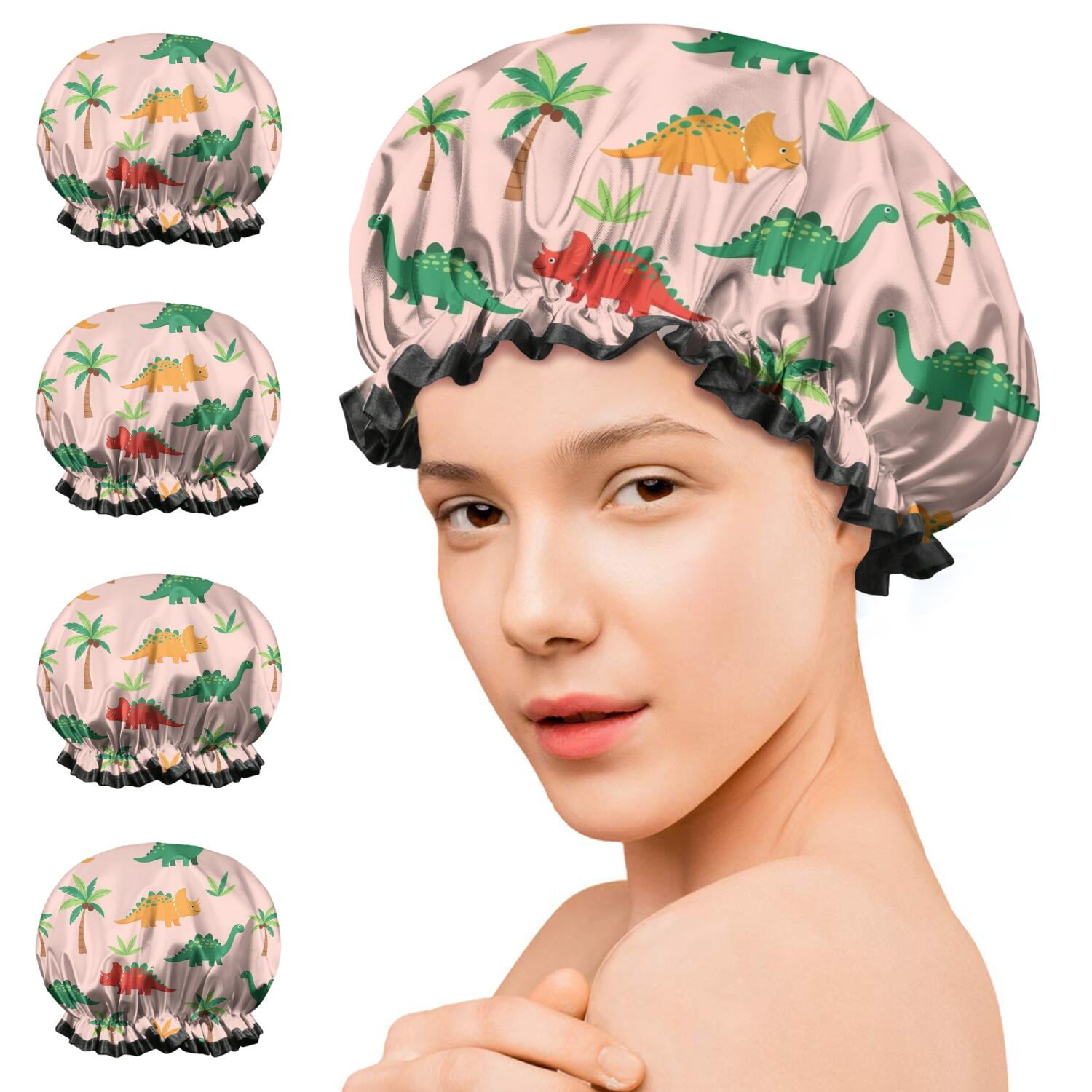 Shower Caps,Pink Cartoon Dinosaurs Palms Pattern Waterproof Shower Cap for Women 4 Pieces,Double Reusable Hair Cover for Shower PEVA Elastic Stretch Hem