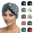 thumbnail image 3 of ZQUUVOU Women's Flower Rhinestone Turban Cap Muslim Pre Tied Beanie Headwrap Sequin Bonnet Stretch Pleated Hat Beige A, 3 of 3