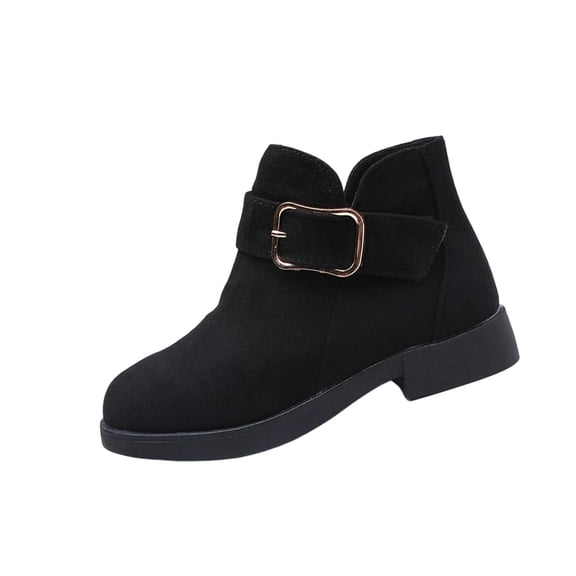 Bilqis Fashion Girls Ankle Boots Casual Soft Flock Upper Decorative Buckle Short Boots Chunky Thick Sole Round Toe Adjustable Strap Booties Daily Fall Winter Fashion FootwearBlack,11.5
