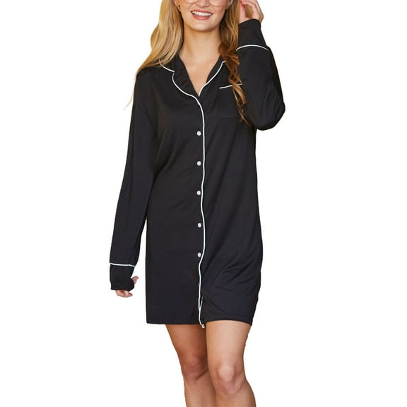 Doublju Women's Long Sleeve Button Down Nightgown Sleepwear Pajama Dress (Plus Size Available)