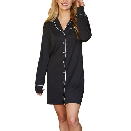 

Doublju Women s Long Sleeve Button Down Nightgown Sleepwear Pajama Dress (Plus Size Available)