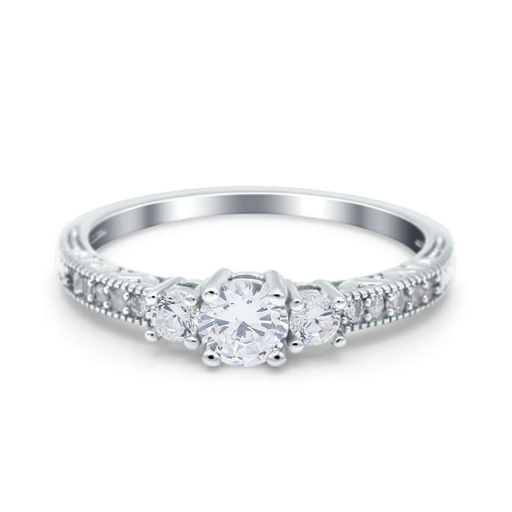 Simulated Cubic Zirconia Size-5 Three Stone Art Deco Engagement Bridal Ring 925 Sterling Silver