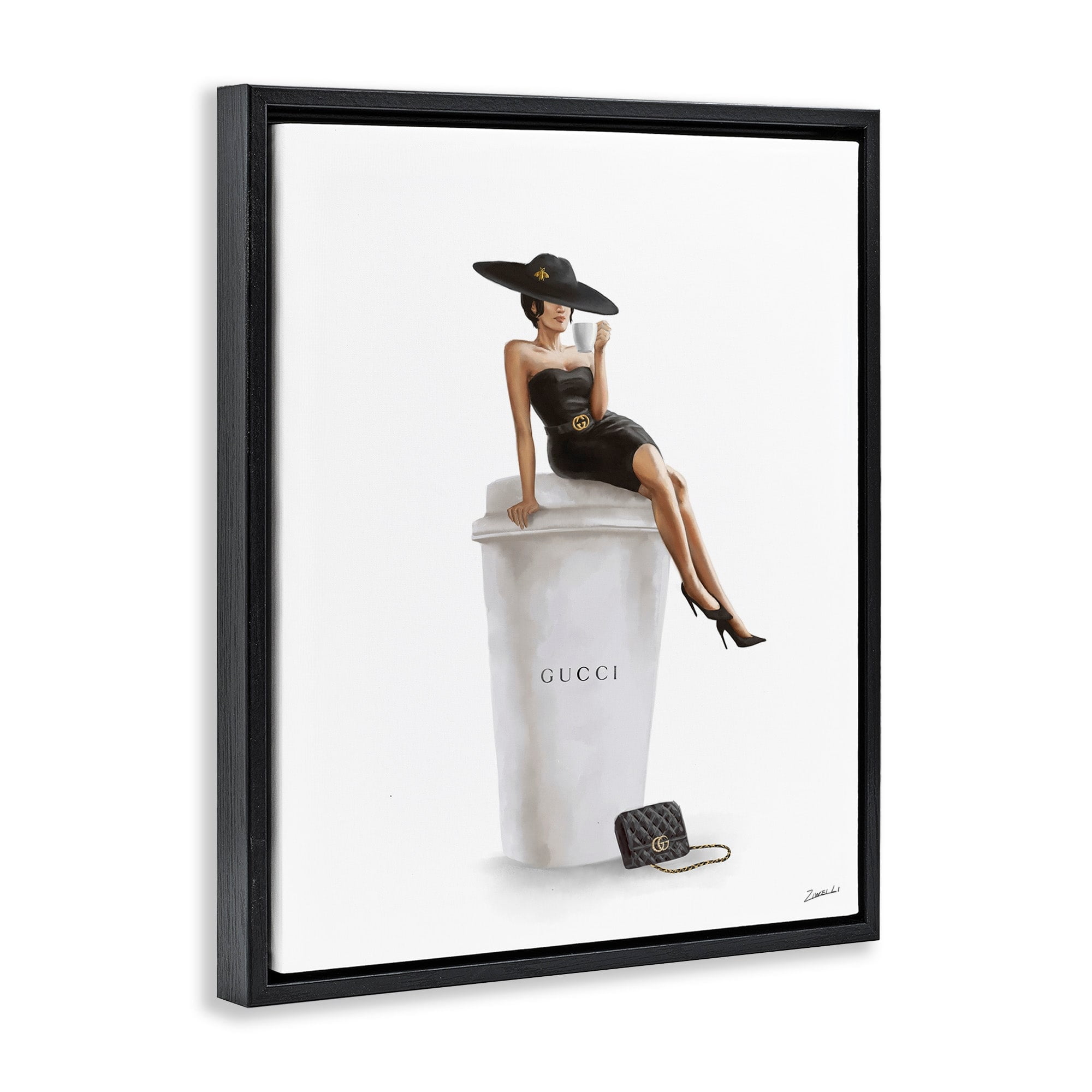 Stupell Industries Stylish Fashion Female Pose Coffee Designer Purse Jet Black Framed Floating Canvas Wall Art, 24x30, by Ziwei Li