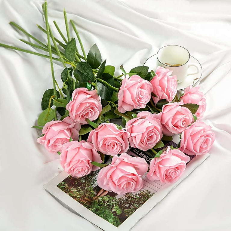 Pink Roses 12PCS Realistic Fake Roses Silk Flowers | Long Stem Artificial Roses For Decor Artificial Flowers For Decoration