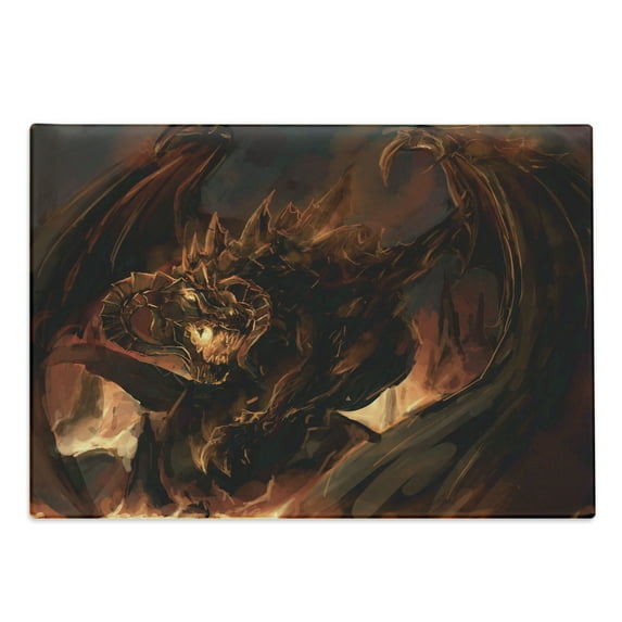 Dragon Cutting Board, Demonic Angry Molten Dragon with Horns Imaginary Inferno Beast Warm Colored, Decorative Tempered Glass Cutting and Serving Board, Large Size, Yellow and Brown, by Ambesonne