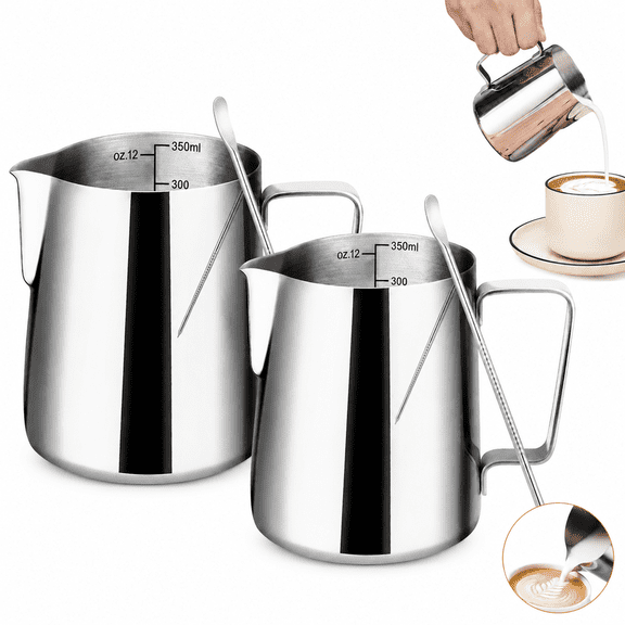 12oz Milk Frothing Pitcher, 2 Pack Stainless Steel Milk Frother Cup, Portable Creamer Pitcher for Espresso Steaming, Latte Art and Coffee Making