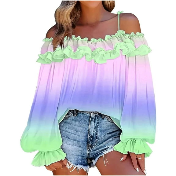 Fesfesfes Women's Off-Shoulder Gradient Blouses Strap Neckline Lantern Sleeves with Ruffled Cuffs Tops Double-Layer Ruffled Sequin Outdoor(Blue,XL)