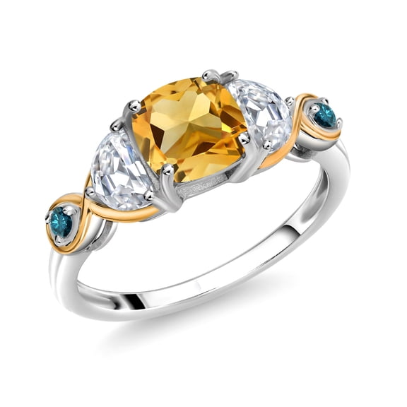 Gem Stone King 925 Silver and 10K Yellow Gold 3-Stone Ring Cushion Citrine Half Moon Moissanite and Blue Diamond (1.60 Carat Cttw) (Size 8)