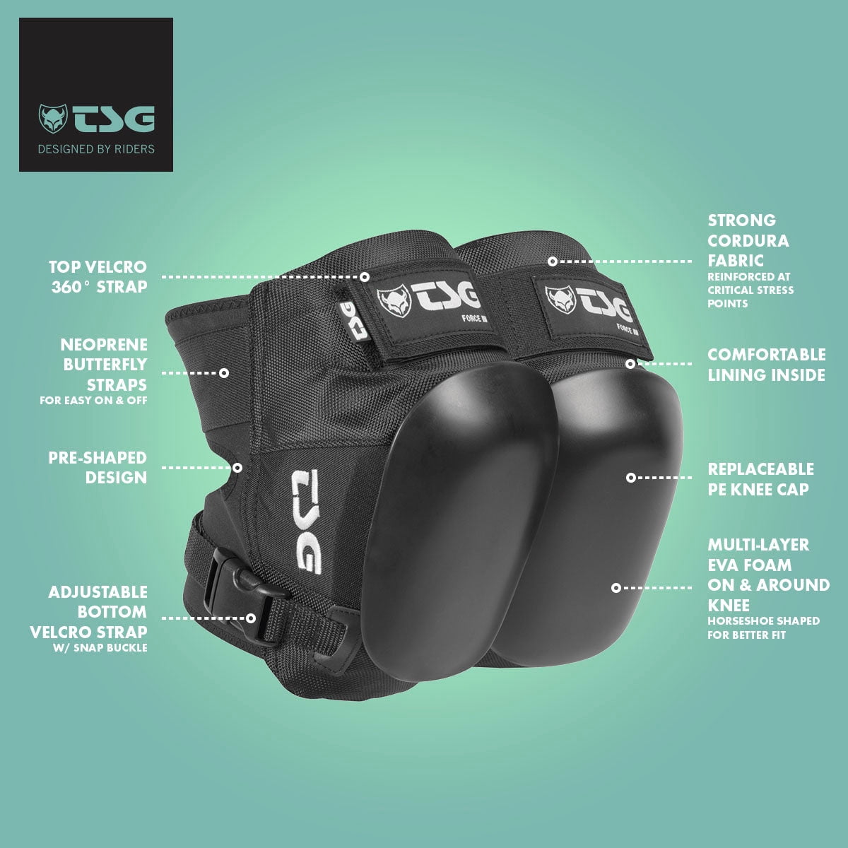 TSG Force III Knee Pads Hardshell EVA Foam PE Cap Roller Derby Certified Safety