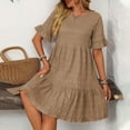thumbnail image 6 of felwors Womens Summer Dress Ruffle Sleeve Smocked Crew Neck Midi Dresses Casual Flowy Tiered Swing Boho Beach Sundress Khaki, XL, 6 of 9