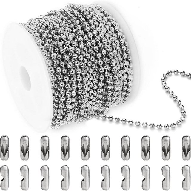 HLONK Stainless Steel Dog Tag Chain Small Ball Beaded Chain with 20 Matching Connectors Silver Color Metal Pull Chain Metal Necklace Chains for Keychain Rings DIY Crafts Tag Chain Making