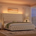 thumbnail image 3 of Hiphuta Full Bed with LED Light, Full Size Platform Bed with Button Tufted Velvet Upholstered Headboard, White, 3 of 8