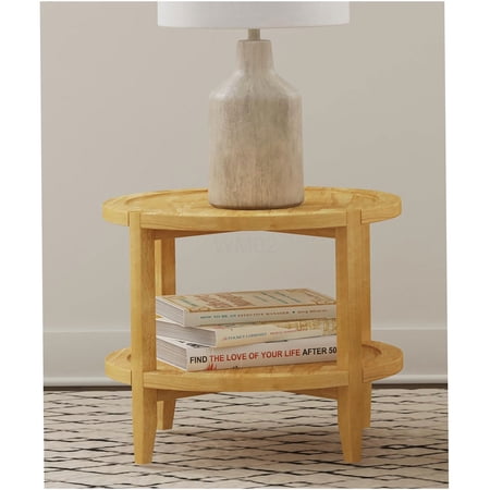 Maple Brown Round Solid Wood End Table with Lower Shelf Modern Farmhouse Nightstand for Living Room Bedroom